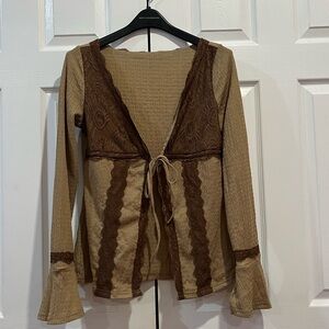 Brown two toned long sleeve bohemian tie up shirt